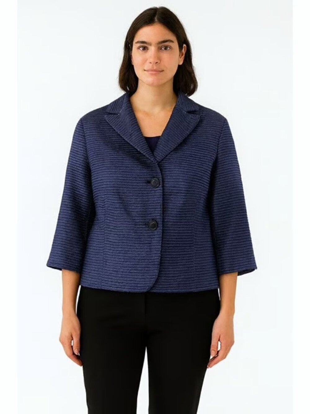 AKRIS PUNTO Navy Blue 100% Mulberry Silk Cropped Boxy Jacket, Size 8
